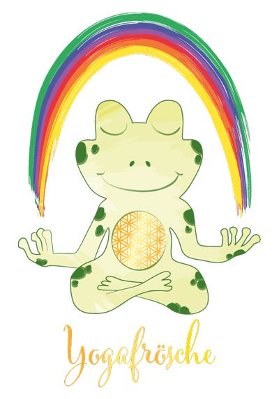 Logo Yogafrösche. Ein Frosch im Schneidersitz, mit einem Bauch, der die Blume des Lebens abbildet. Die Hände sind zur Seite ausgestreckt. Über seinem Kopf geht ein Regenbogen, von seiner Linken zur rechten Hand. Als wenn er diesen trägt. Unter dem Frosch steht der Schriftzug Yogafrösche.